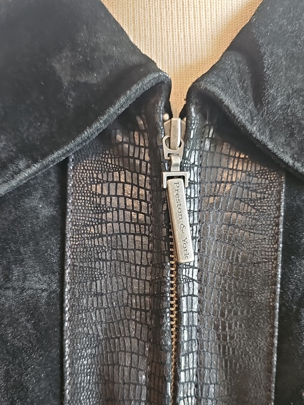 Preston & York Suede Croc Trim Jacket Womens Size S Black Zip Leather Moto Coat - Picture 2 of 6